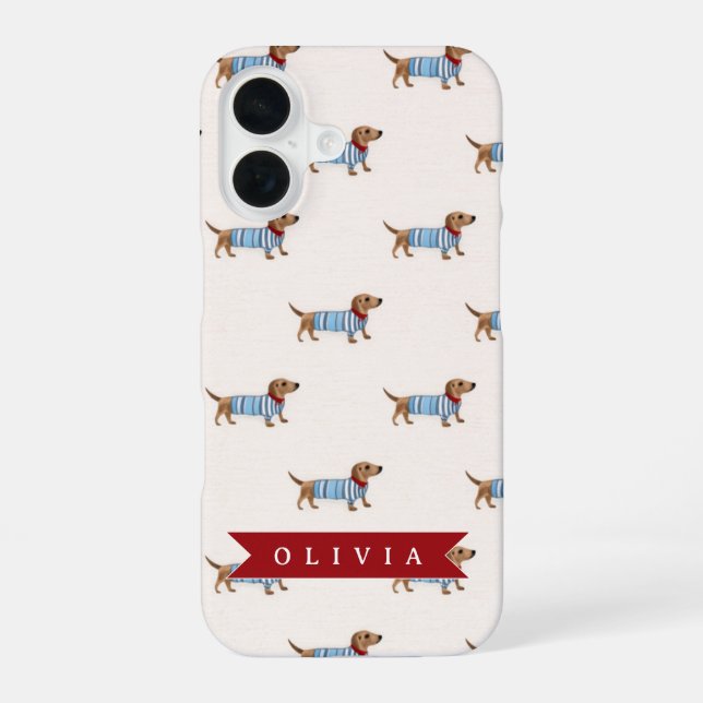 Personalised Preppy Cute Dachshund Dog Pattern iPhone 16 Case (Back)
