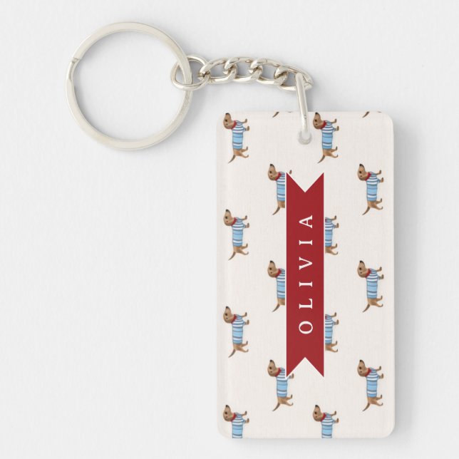 Personalised Preppy Cute Dachshund Dog Pattern Key Ring (Front)