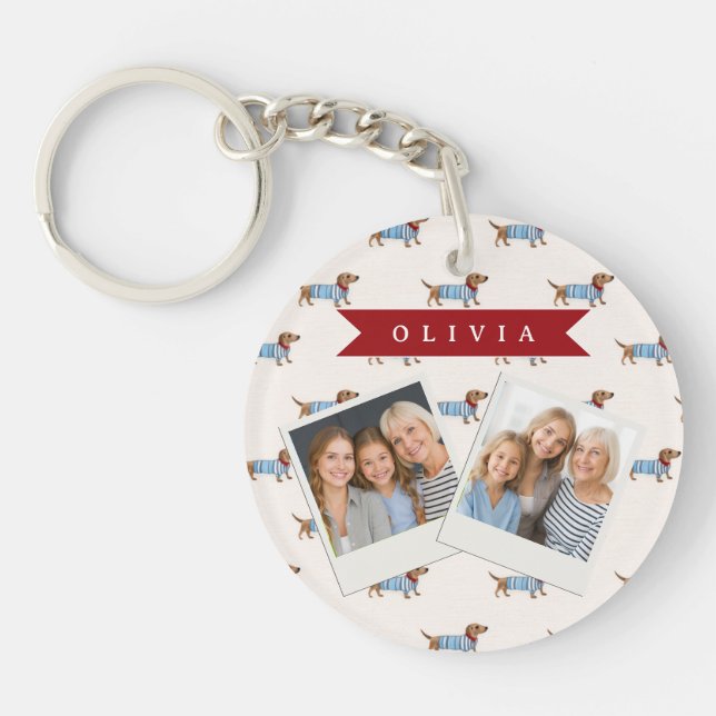 Personalised Preppy Cute Dachshund Dog Pattern Key Ring (Front)