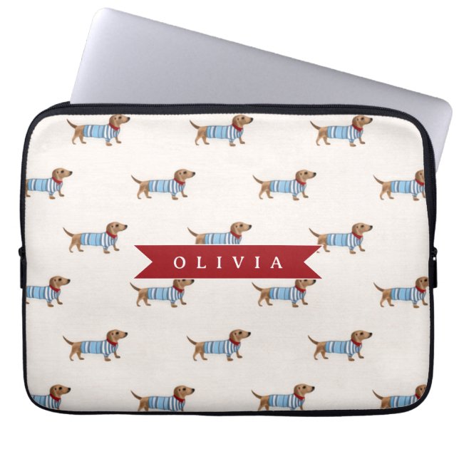Personalised Preppy Cute Dachshund Dog Pattern Laptop Sleeve (Front)