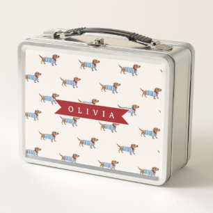 Personalised Preppy Cute Dachshund Dog Pattern Metal Lunch Box