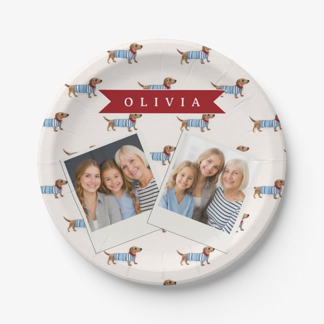 Personalised Preppy Cute Dachshund Dog Pattern Paper Plate (Front)