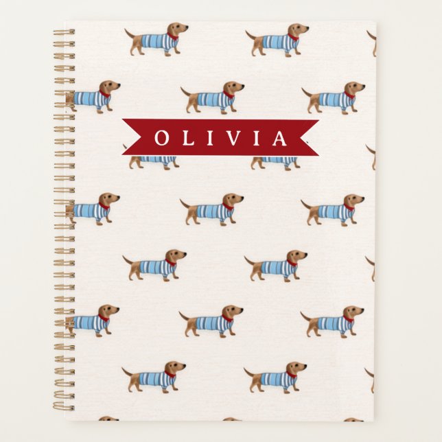 Personalised Preppy Cute Dachshund Dog Pattern Planner (Front)