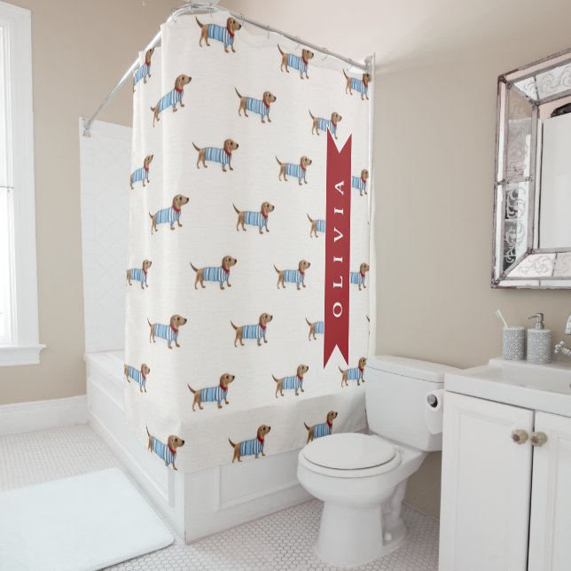Personalised Preppy Cute Dachshund Dog Pattern Shower Curtain (In Situ)