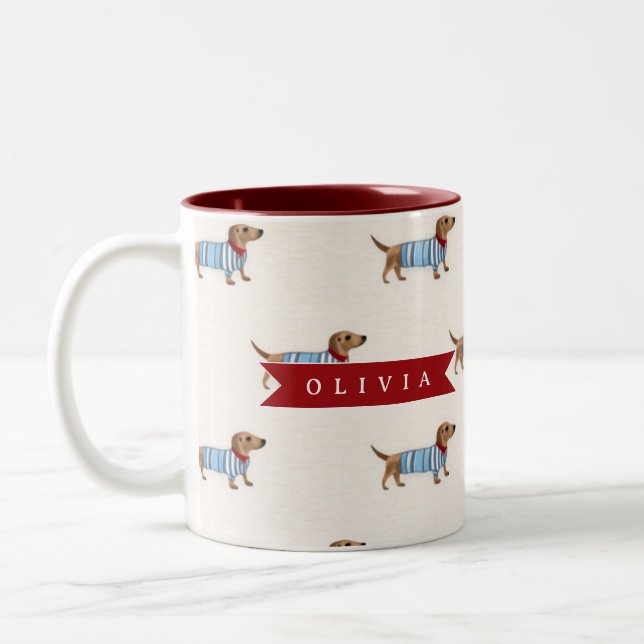 Personalised Preppy Cute Dachshund Dog Pattern Two-Tone Coffee Mug (Left)