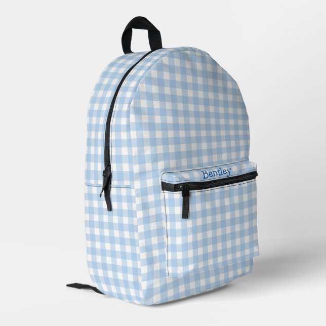 Personalised preppy grandmillennial blue gingham printed backpack (Back Corner Left)