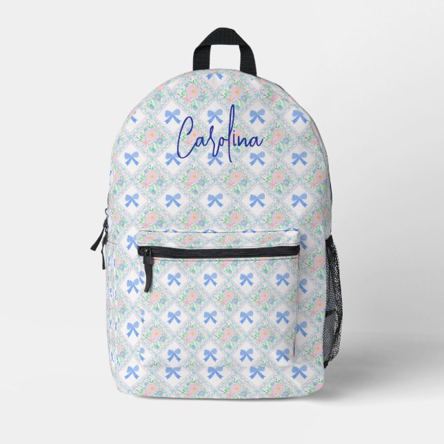 Personalised preppy grandmillennial floral bows printed backpack (Front)