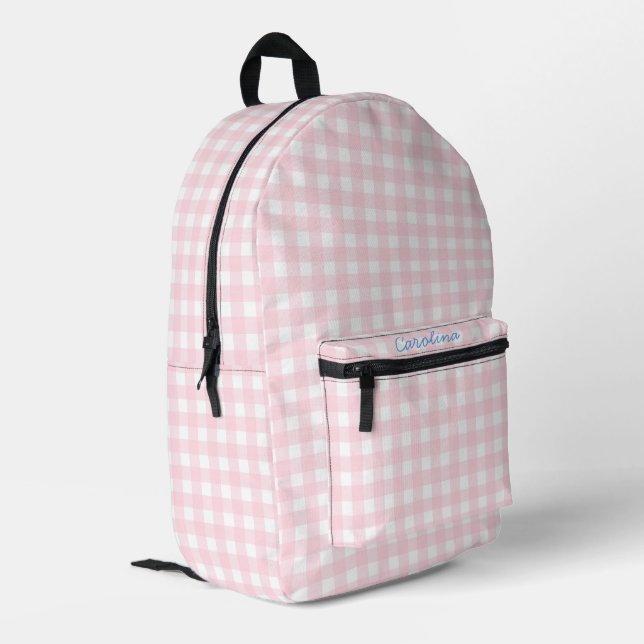 Personalised preppy grandmillennial pink gingham  printed backpack (Back Corner Left)