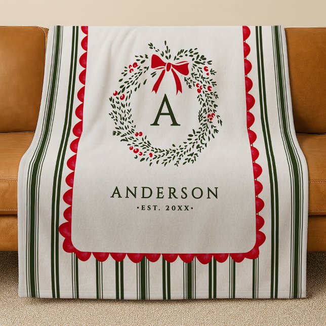 Personalised Preppy Holiday Wreath Monogram & Name Fleece Blanket (Creator Uploaded)