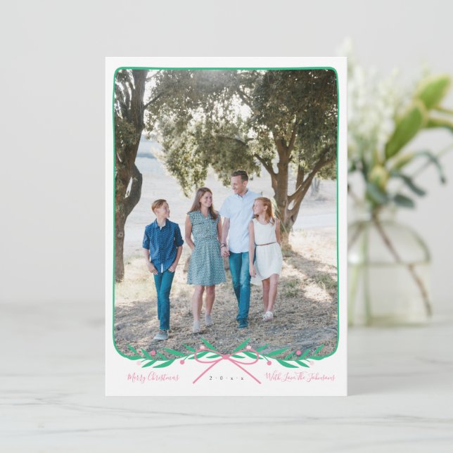 Personalised Preppy Holiday Wreath with Pink Bow (Standing Front)