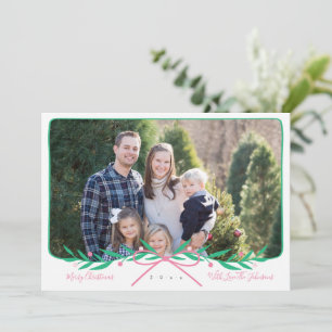 Personalised Preppy Holiday Wreath with Pink Bow Card