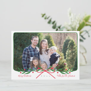 Personalised Preppy Holiday Wreath with Red Bow Card