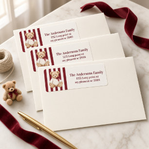 Personalised Preppy Teddy Bear Burgundy Stripe Return Address Label