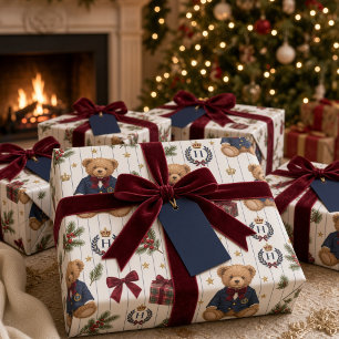 Personalised Preppy Teddy Bear Monogram Christmas Wrapping Paper