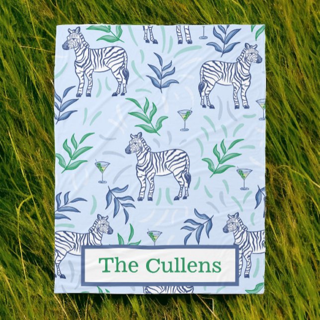 Personalised Preppy Zebras & Martinis Blue  Fleece Blanket (Creator Uploaded)