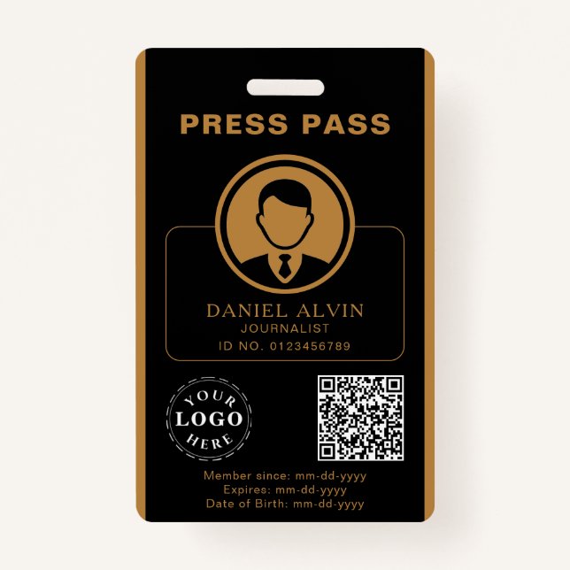 Personalised Press Pass with Photo ID & QR Code ID Badge (Front)