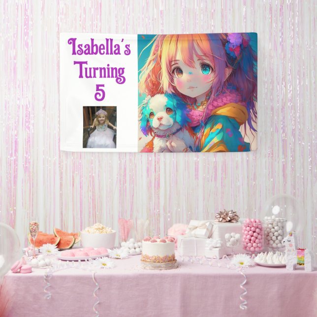 Personalised Pretty Anime Girl with Puppy Banner (Party)