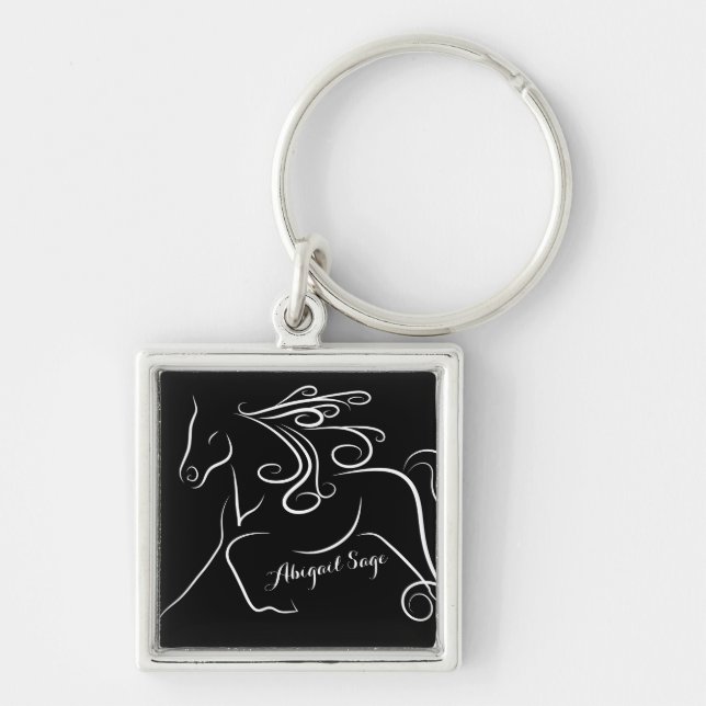 Personalised Pretty Black White Silhouette Horse Key Ring (Front)