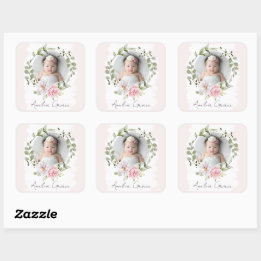 Personalised Pretty Blush Floral Baby Girl Photo Square Sticker
