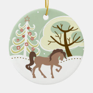 Personalised Pretty Brown Horse Snowy Winter Ceramic Tree Decoration
