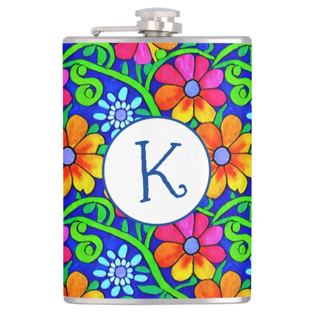 Personalised Pretty Colourful Floral Hip Flask (Front)