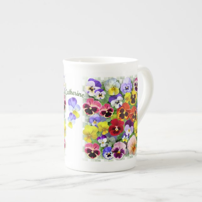 Personalised Pretty Colourful Pansies Bone China Mug (Front Right)