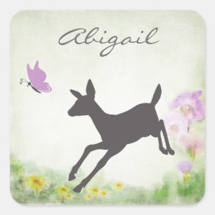 Personalised Pretty Deer, Butterfly and Flowers Square Sticker