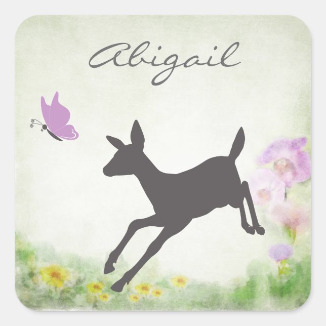 Personalised Pretty Deer, Butterfly and Flowers Square Sticker (Front)