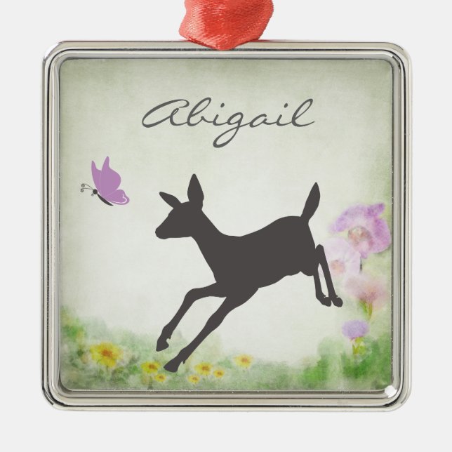 Personalised Pretty Doe and Butterfly Deer Holiday Metal Ornament (Front)