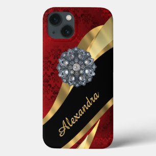 Personalised pretty elegant red damask pattern iPhone 13 case