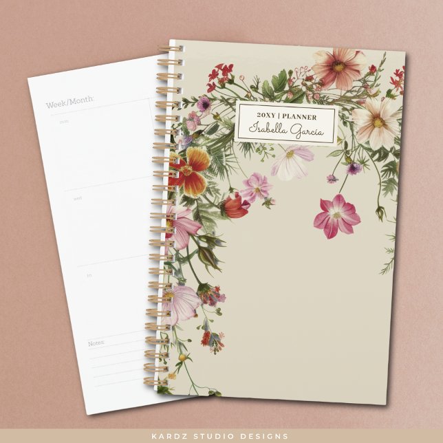Personalised Pretty Elegant Wildflower Planner (The front of small planner is shown, and a sample of an inside page. Choose small or standard size.)