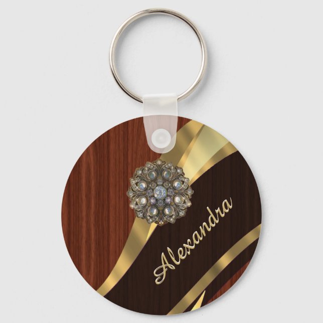 Personalised pretty faux mahogany wood key ring (Front)