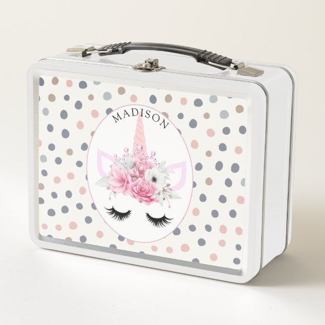 Personalised Pretty Floral Unicorn Metal Lunch Box (Front)