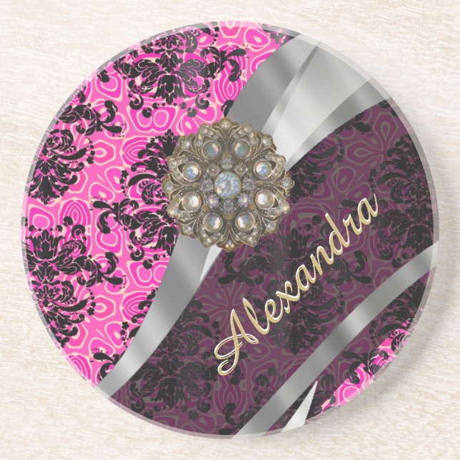 Personalised pretty girly pink damask pattern coaster (Front)