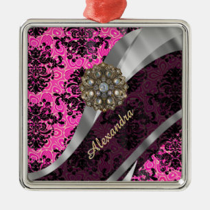 Personalised pretty girly pink damask pattern metal ornament