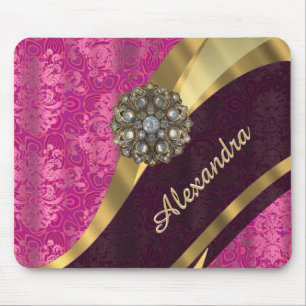 Personalised pretty girly pink damask pattern mouse pad
