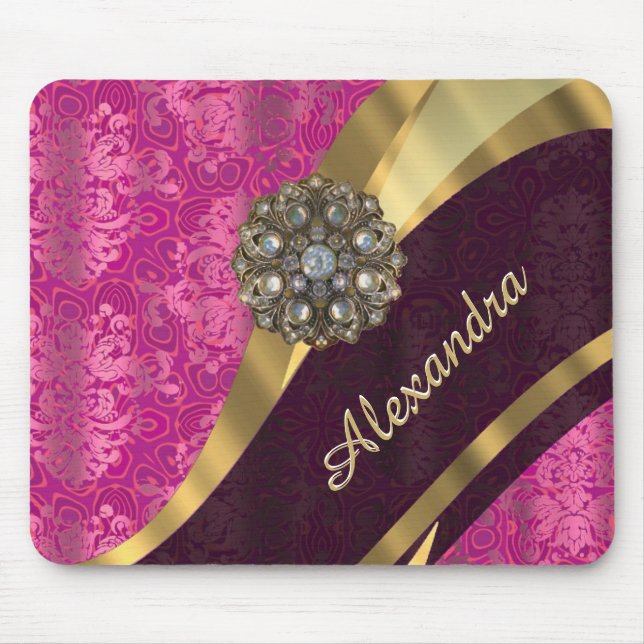 Personalised pretty girly pink damask pattern mouse pad (Front)