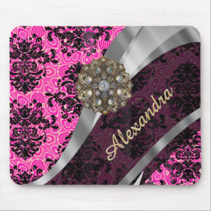 Personalised pretty girly pink damask pattern mouse pad