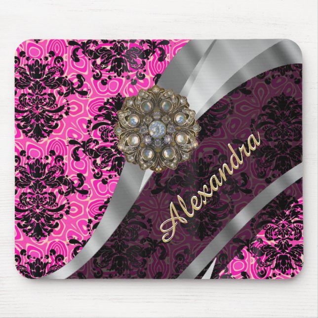 Personalised pretty girly pink damask pattern mouse pad (Front)