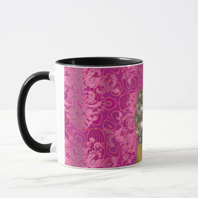 Personalised pretty girly pink damask pattern mug (Left)
