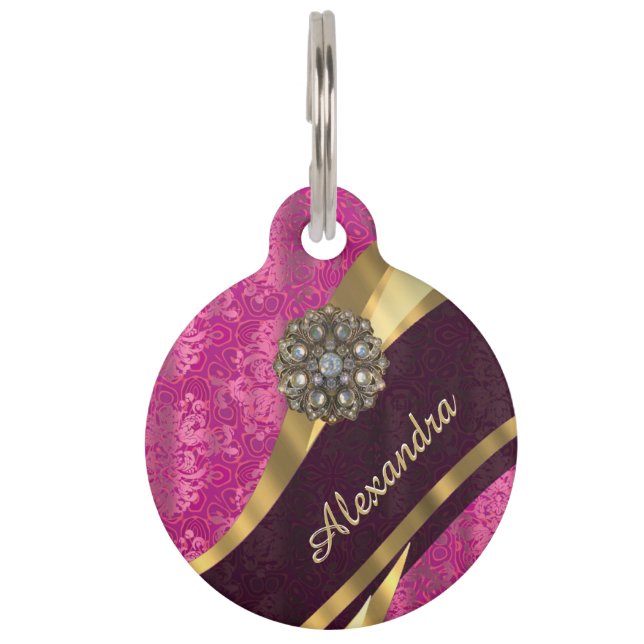 Personalised pretty girly pink damask pattern pet tag (Front)