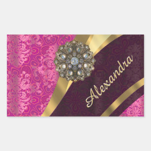 Personalised pretty girly pink damask pattern rectangular sticker