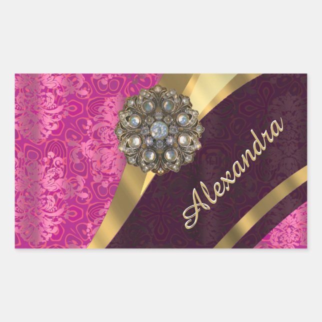 Personalised pretty girly pink damask pattern rectangular sticker (Front)