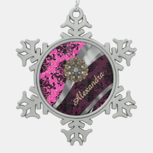 Personalised pretty girly pink damask pattern snowflake pewter christmas ornament