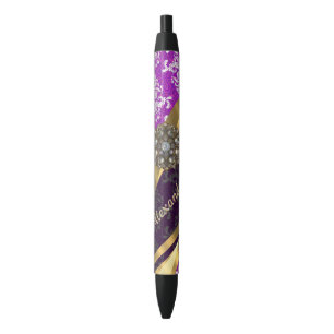 Personalised  pretty girly purple damask pattern black ink pen