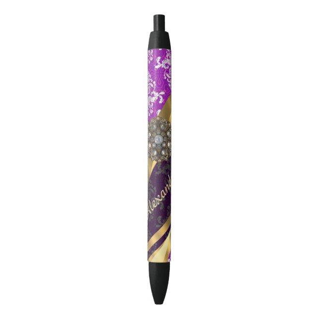 Personalised  pretty girly purple damask pattern black ink pen (Front Vertical)
