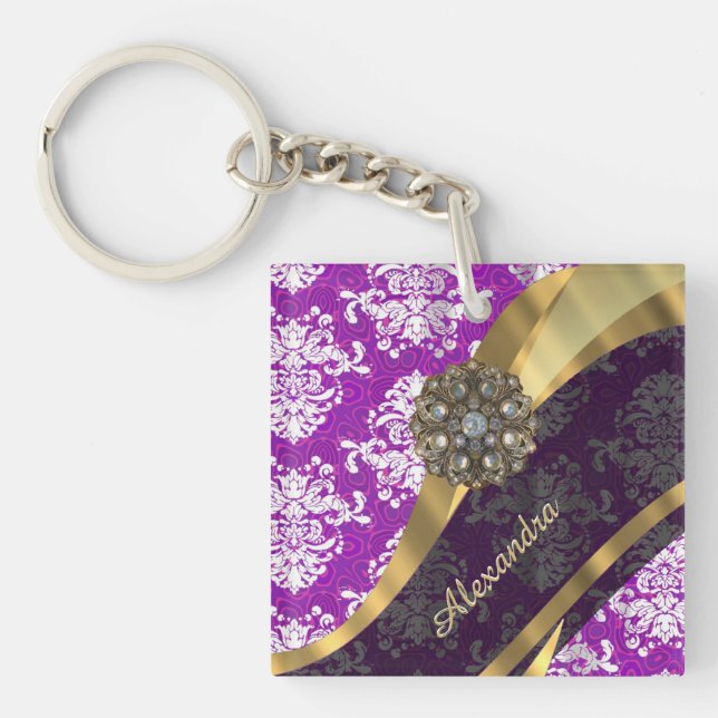 Personalised pretty girly purple damask pattern key ring (Front)