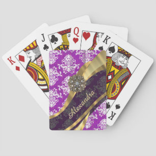 Personalised  pretty girly purple damask pattern playing cards