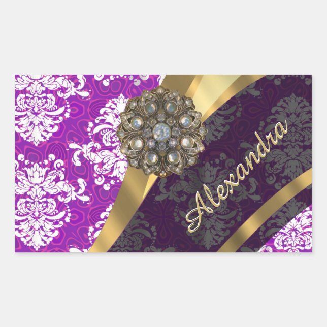 Personalised pretty girly purple damask pattern rectangular sticker (Front)