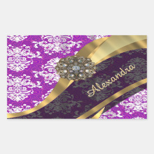 Personalised pretty girly purple damask pattern rectangular sticker